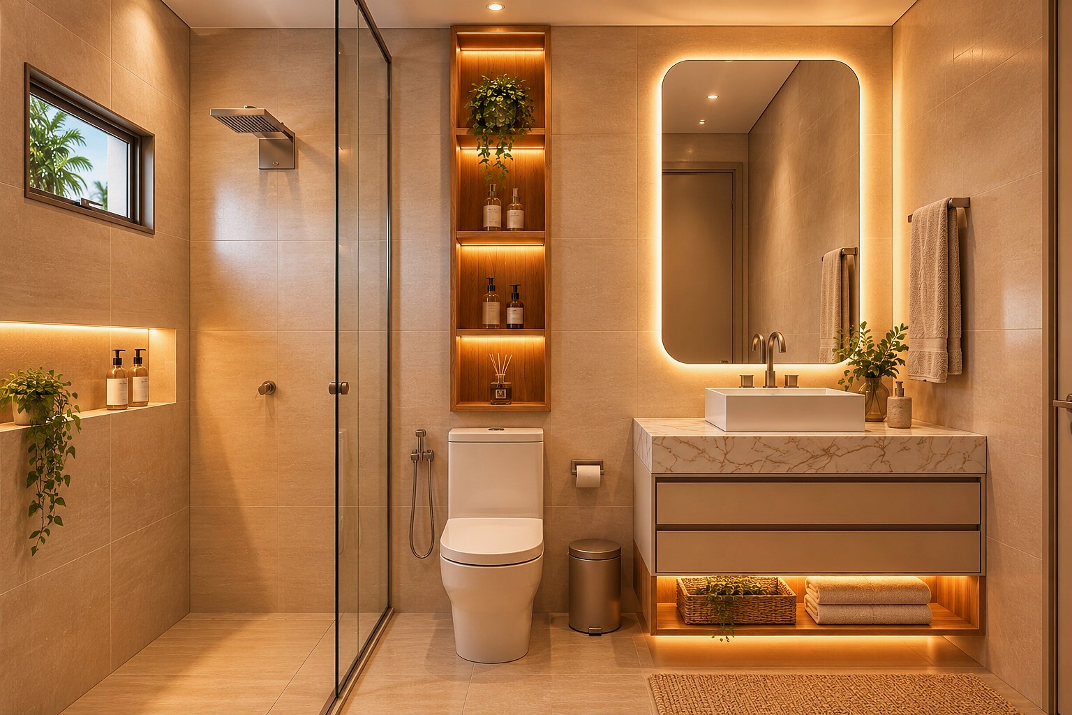 Banheiro amplo estilo spa com pedra, nichos iluminados e plantas