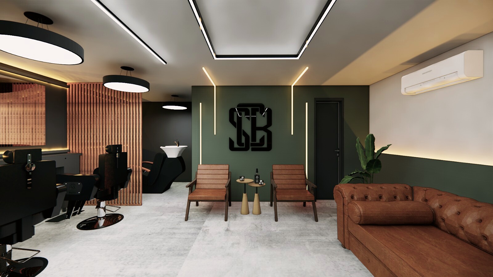 Sala de espera da barbearia San Carlos com poltronas, sofá de couro e monograma na parede verde