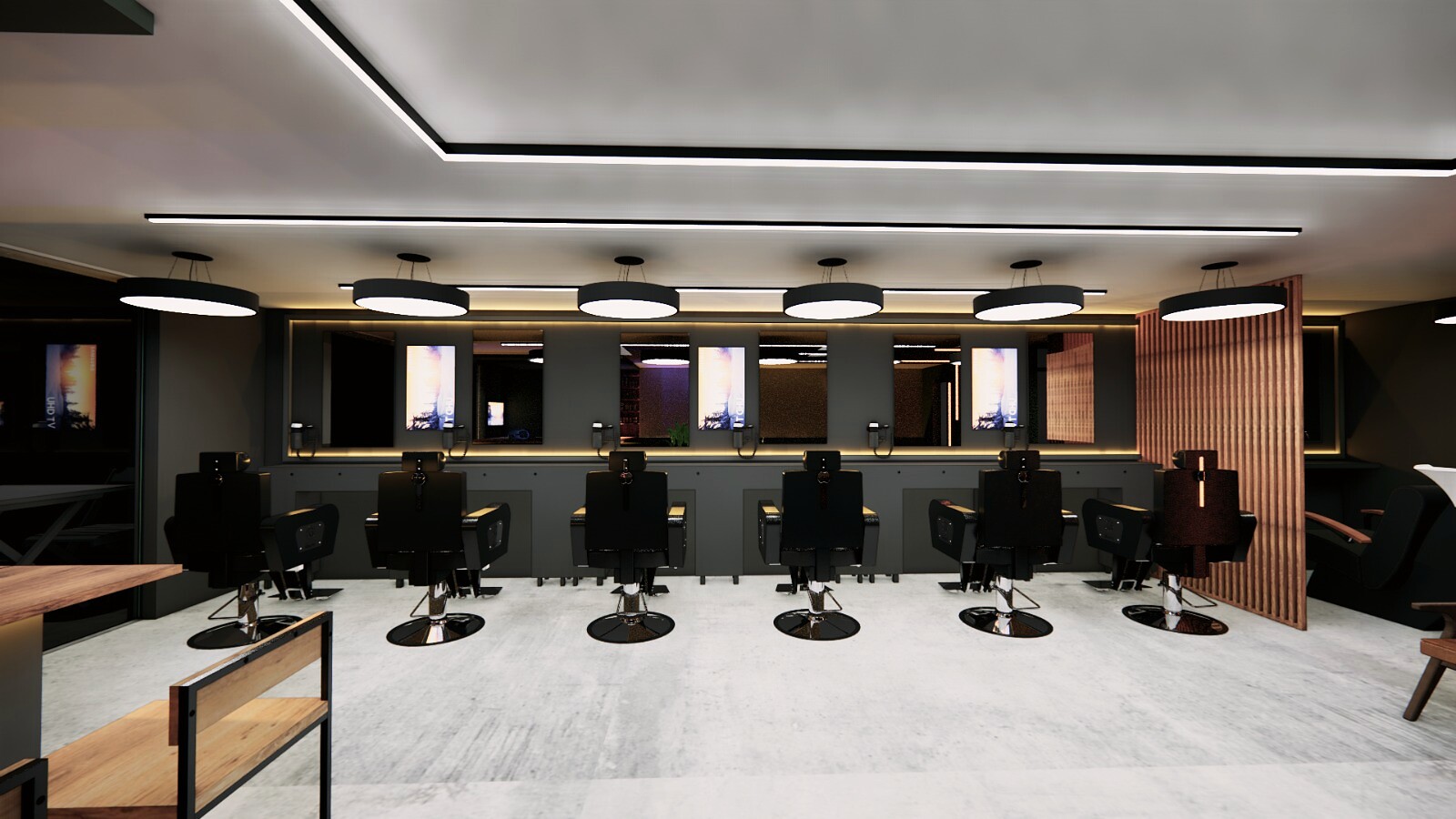 Barbearia San Carlos com cadeiras alinhadas, espelhos iluminados e painel ripado de madeira