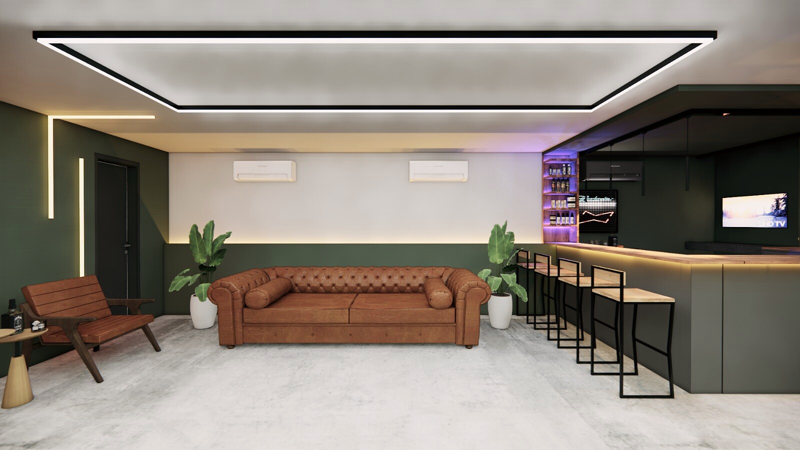 Lounge comercial com sofá de couro caramelo, poltrona e parede verde