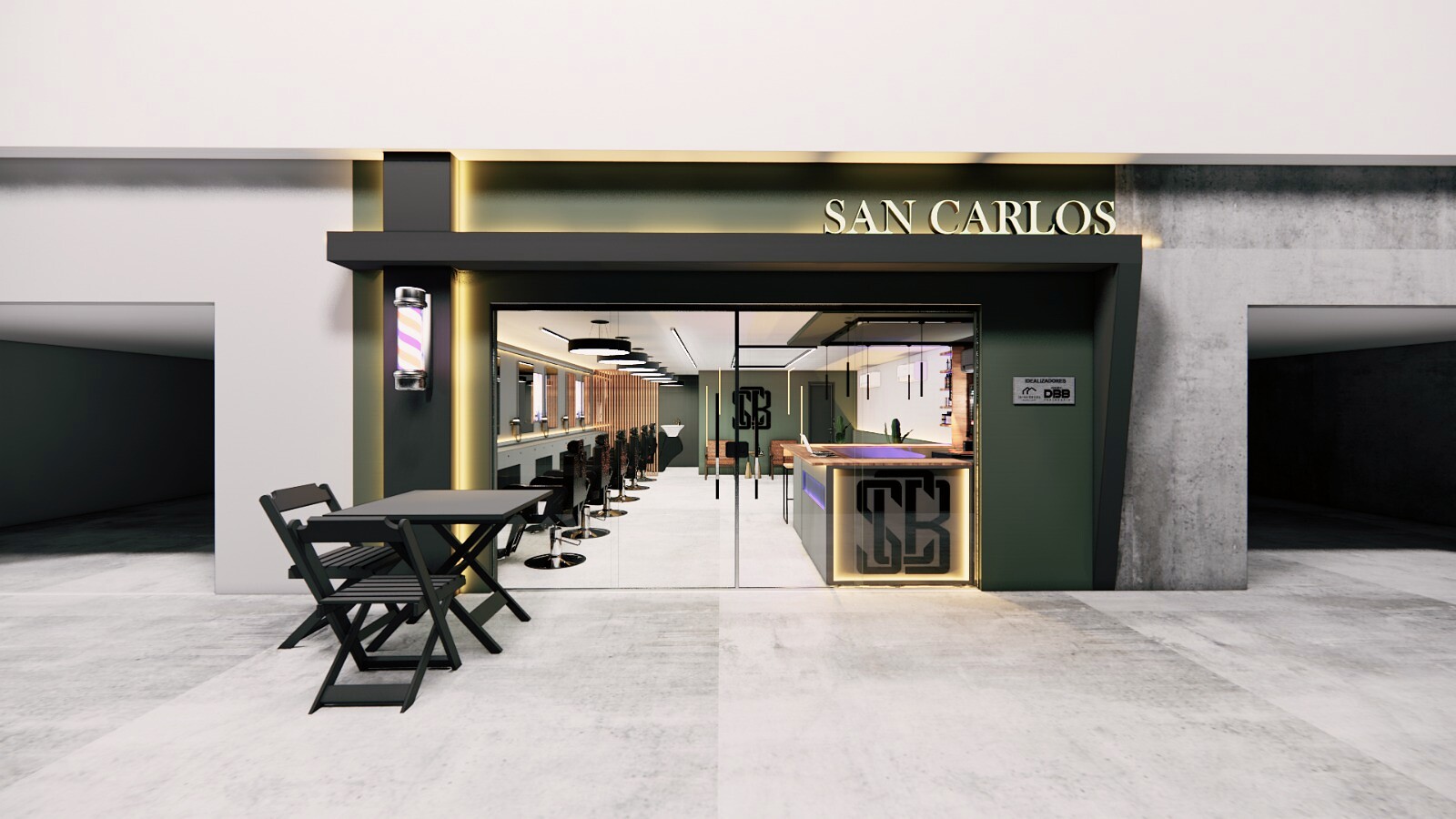 Fachada comercial do projeto San Carlos com iluminação dourada e volumes geométricos