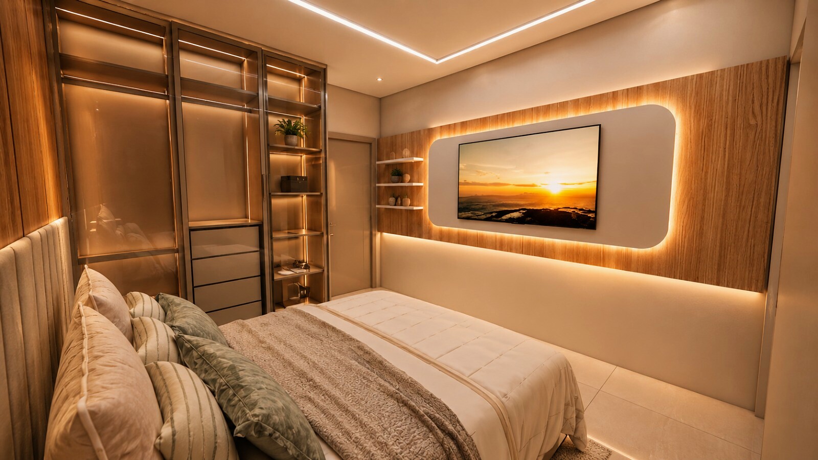 Quarto premium com painel de madeira, iluminação indireta e detalhes em dourado