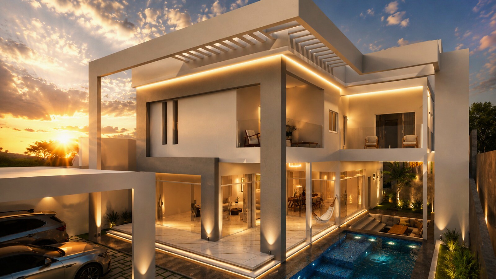 Residência contemporânea ao pôr do sol com iluminação embutida e piscina